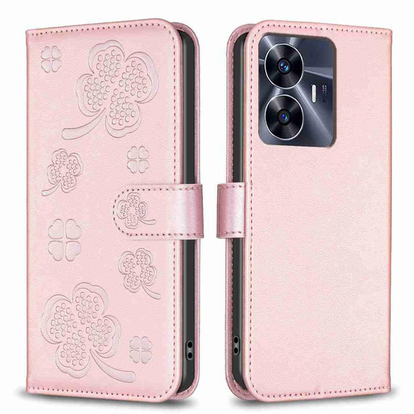 For Realme C55 Four-leaf Embossed Leatherette Phone Case(Pink)