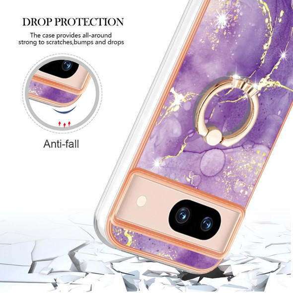 For Google Pixel 8a Electroplating Marble IMD TPU Phone Case with Ring Holder(Purple 002)