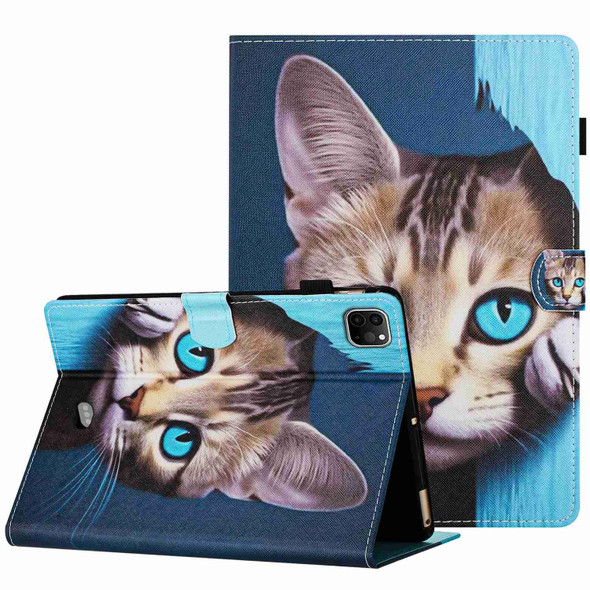 For iPad 11 Pro 2020 / Air 4 10.9 Painted Pattern Stitching Smart Leatherette Tablet Case(Blue Cat)