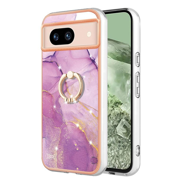 For Google Pixel 8a Electroplating Marble IMD TPU Phone Case with Ring Holder(Purple 001)