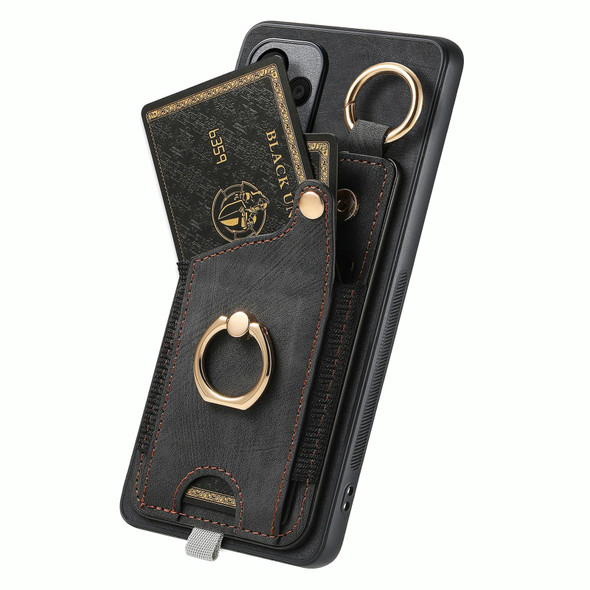 For Realme C15 Retro Skin-feel Ring Card Bag Phone Case with Hang Loop(Black)