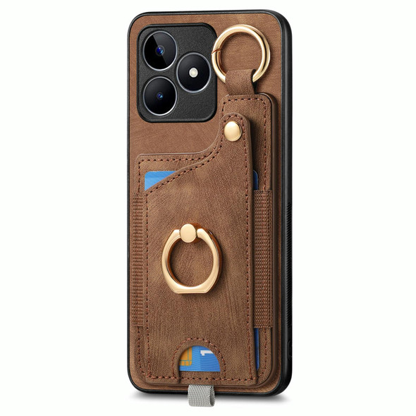 For Realme 9 Pro Retro Skin-feel Ring Card Bag Phone Case with Hang Loop(Brown)