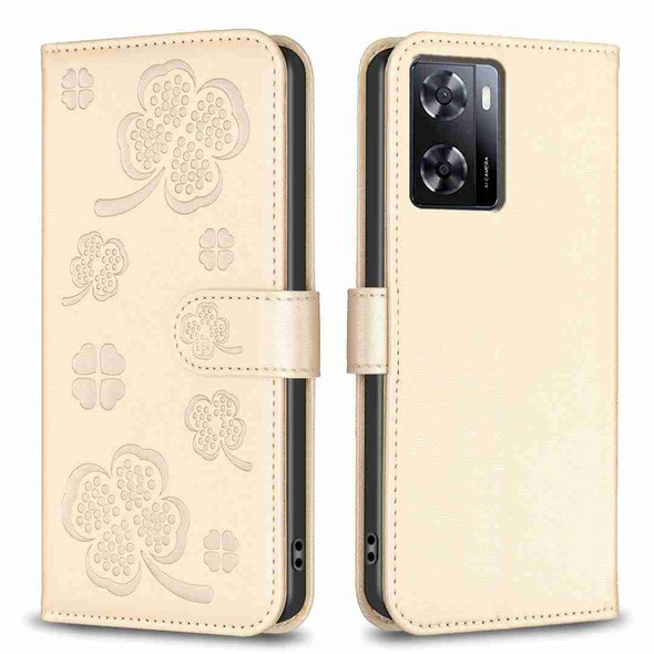 For OPPO A57 4G Four-leaf Embossed Leatherette Phone Case(Gold)