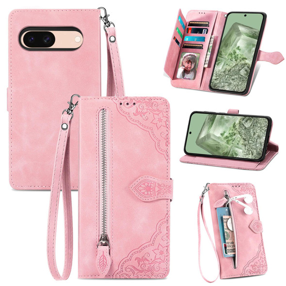 For Google Pixel 5 XL / 4A 5G Embossed Flower Zipper Leatherette Phone Case(Pink)