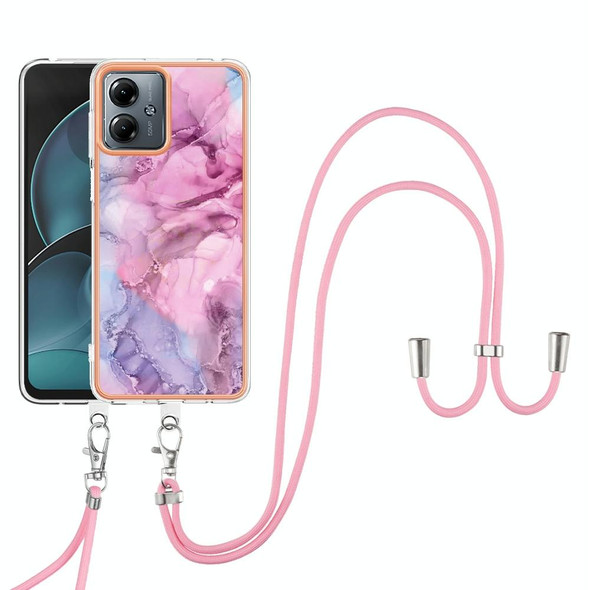 For Motorola Moto G14 Electroplating Marble Dual-side IMD Phone Case with Lanyard(Pink 013)