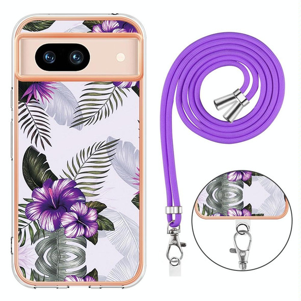 For Google Pixel 8a Electroplating IMD TPU Phone Case with Lanyard(Purple Flower)