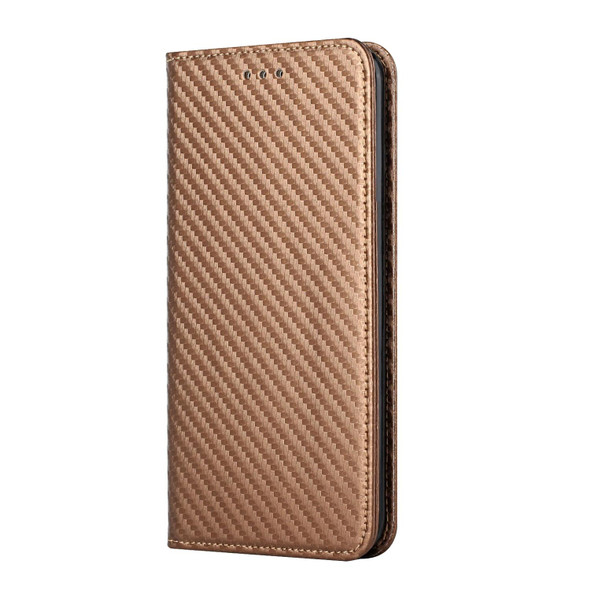 Carbon Fiber Texture Flip Holder Leatherette Phone Case - iPhone 13 Pro(Brown)