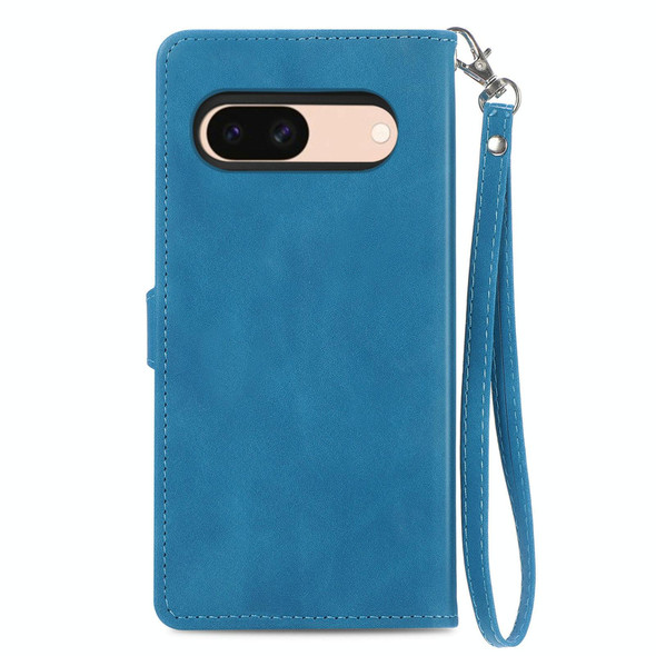 For Google Pixel 7a Embossed Flower Zipper Leatherette Phone Case(Blue)