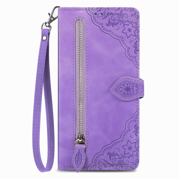 For Blackview A200 Pro Embossed Flower Zipper Leatherette Phone Case(Purple)