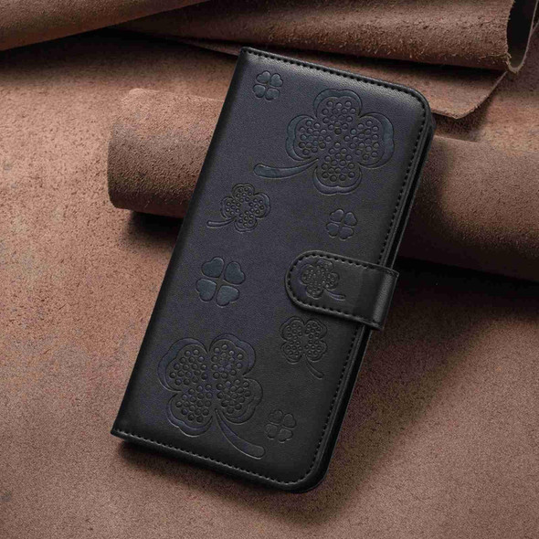 For Samsung Galaxy A14 Four-leaf Embossed Leatherette Phone Case(Black)