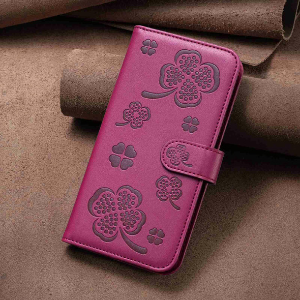 For Samsung Galaxy A42 5G Four-leaf Embossed Leatherette Phone Case(Rose Red)