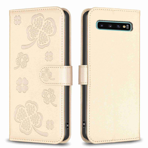 For Samsung Galaxy S10+ Four-leaf Embossed Leatherette Phone Case(Gold)