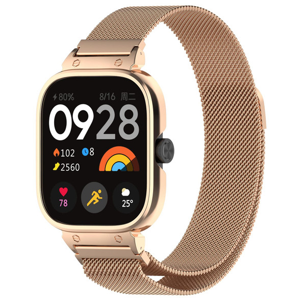 For Redmi Watch 4 Milan Magnetic Steel Mesh Watch Band + Watch Metal Frame(Rose Gold)