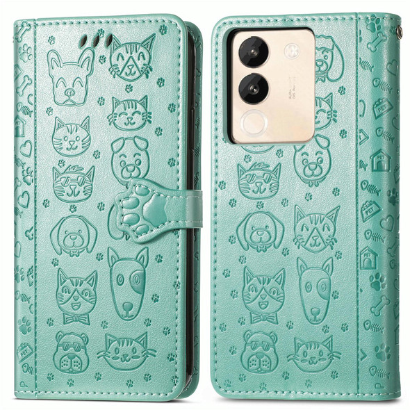 For vivo V29e / Y200 Cat and Dog Embossed Leather Phone Case(Green)