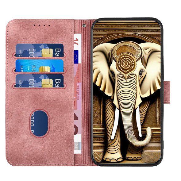 For OPPO A12/A7/A5s YX0060 Elephant Head Embossed Phone Leatherette Case with Lanyard(Pink)