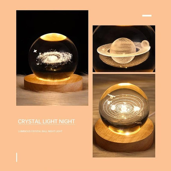 6cm With Warm Light Base 3D Laser Engraved Crystal Ball Night Light USB Glowing Glass Ball, Style: Solar System