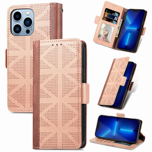 Grid Leather Flip Phone Case - iPhone 13 Pro Max(Apricot)