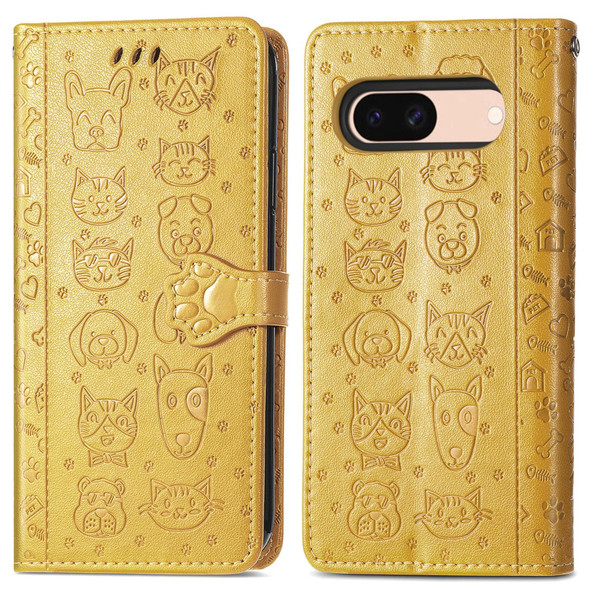 For Google Pixel 7a Cat and Dog Embossed Leatherette Phone Case(Yellow)