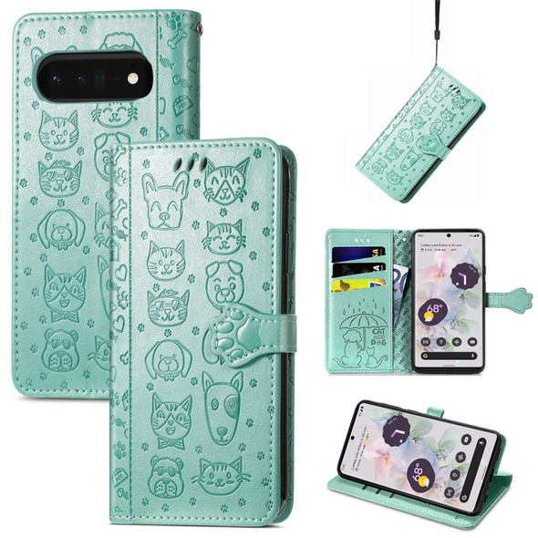 For Google Pixel 6 Pro Cat and Dog Embossed Leatherette Phone Case(Green)