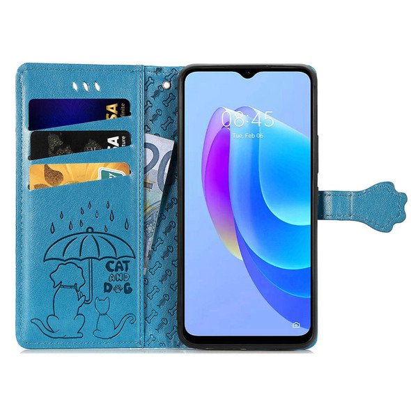 For Tecno Camon 18 Cat and Dog Embossed Leatherette Phone Case(Blue)