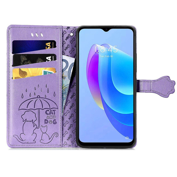 For Tecno Camon 18i Cat and Dog Embossed Leatherette Phone Case(Purple)