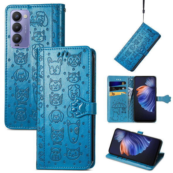 For Tecno Camon 18P Cat and Dog Embossed Leatherette Phone Case(Blue)