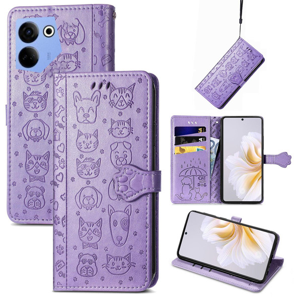 For Tecno Camon 20 Premier Cat and Dog Embossed Leatherette Phone Case(Purple)