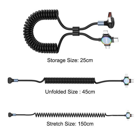 ENKAY 66W Reversible USB to Type-C / 8 Pin / Micro USB Elastic Spring Fast Charging Cable, Length 1.5m(Type B)