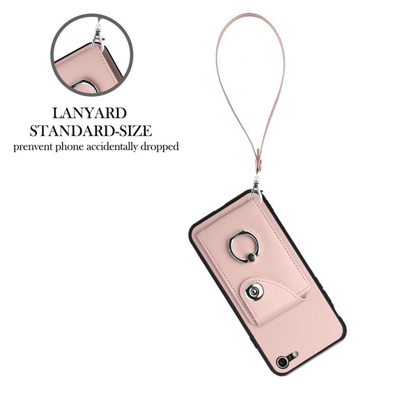 For iPhone SE 2022/SE 2020/6/7/8 Organ Card Bag Ring Holder PU Phone Case with Lanyard(Pink)