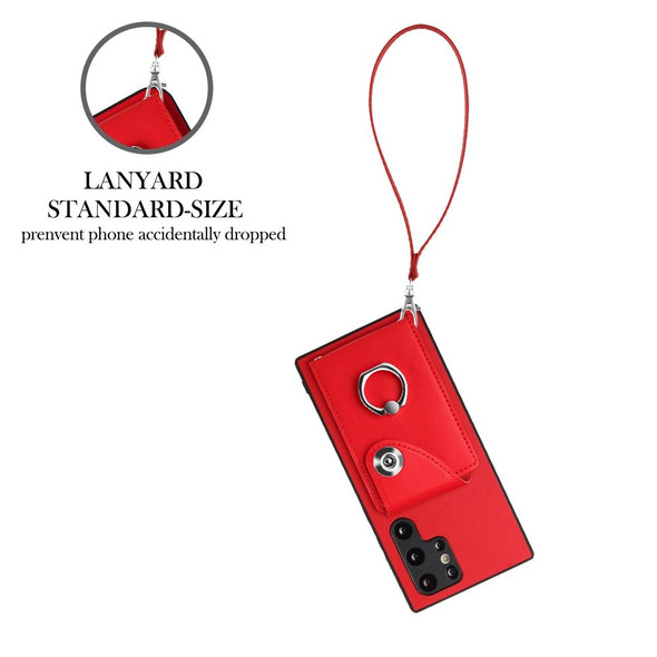 For Samsung Galaxy S22 Ultra 5G Organ Card Bag Ring Holder PU Phone Case with Lanyard(Red)