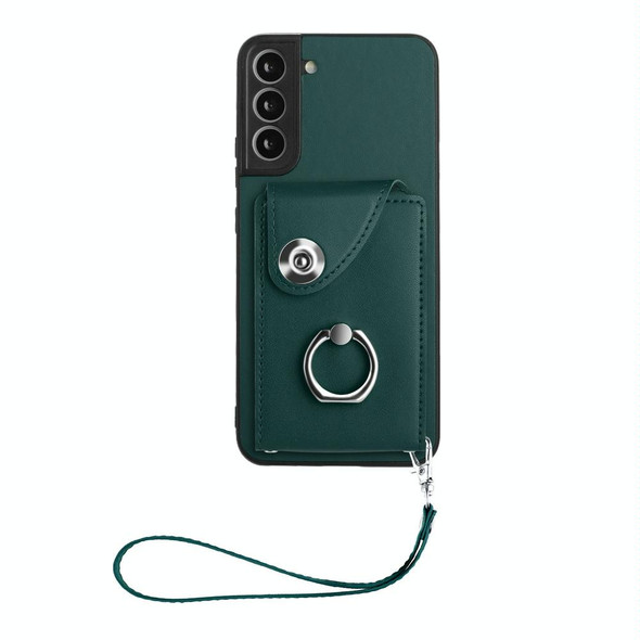 For Samsung Galaxy S21 FE 5G Organ Card Bag Ring Holder PU Phone Case with Lanyard(Green)