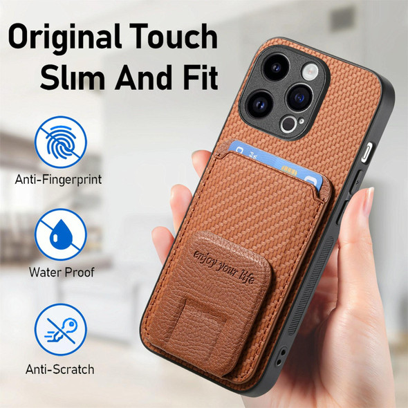 For iPhone 13 Pro Carbon Fiber Card Bag Fold Stand Phone Case(Brown)