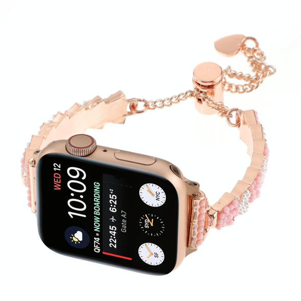 For Apple Watch SE 2023 40mm Shell Beads Chain Bracelet Metal Watch Band(Pink White Rose Gold)
