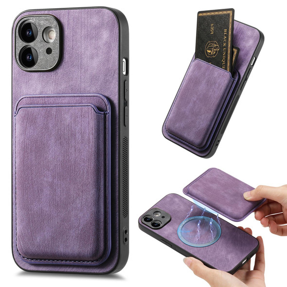 For iPhone 12 Retro Leatherette Card Bag Magnetic Phone Case(Purple)