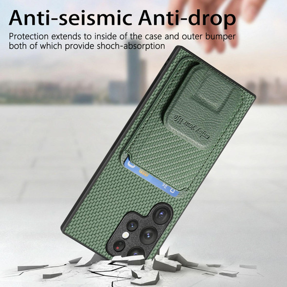 For Samsung Galaxy S21 FE 5G Carbon Fiber Card Bag Fold Stand Phone Case(Green)