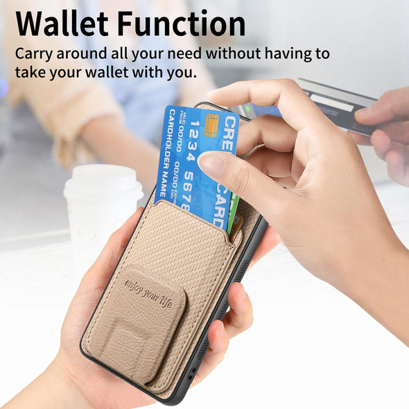 For Samsung Galaxy S21 Ultra 5G Carbon Fiber Card Bag Fold Stand Phone Case(Khaki)