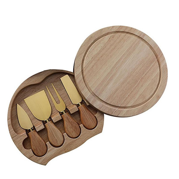 4pcs /Set Round Oak Box Cheese Knife Spatula Stainless Steel Cheese Tools Cutlery, Color: Gold