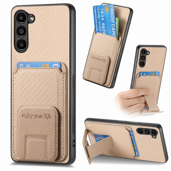 For Samsung Galaxy S21+ 5G Carbon Fiber Card Bag Fold Stand Phone Case(Khaki)