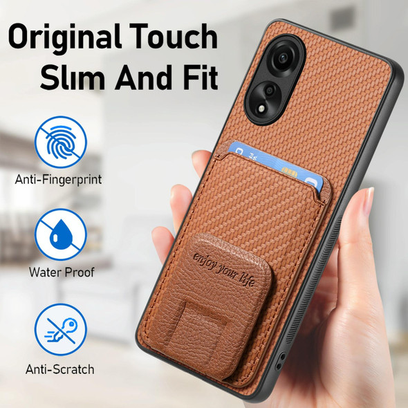 For OPPO Reno7 5G Carbon Fiber Card Bag Fold Stand Phone Case(Brown)