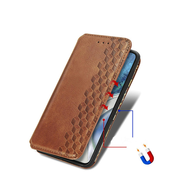 For Motorola Moto G52 Cubic Grid Pressed Magnetic Leatherette Phone Case(Brown)