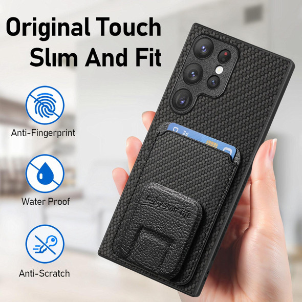 For Samsung Galaxy S21 5G Carbon Fiber Card Bag Fold Stand Phone Case(Black)