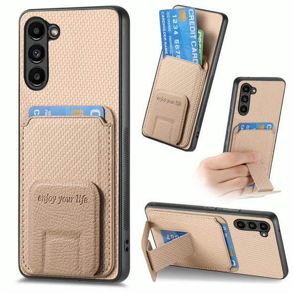 For Samsung Galaxy S22 5G Carbon Fiber Card Bag Fold Stand Phone Case(Khaki)