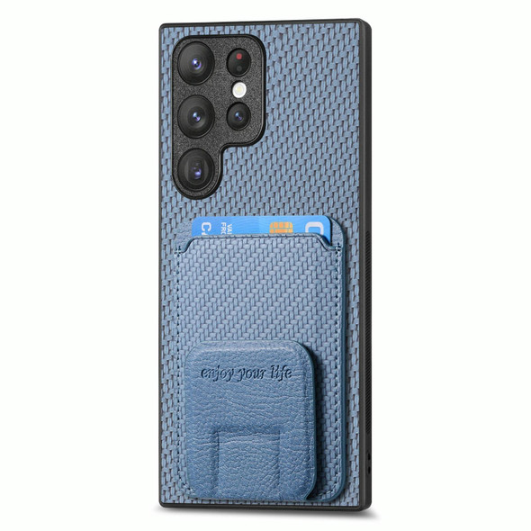 For Samsung Galaxy S21+ 5G Carbon Fiber Card Bag Fold Stand Phone Case(Blue)
