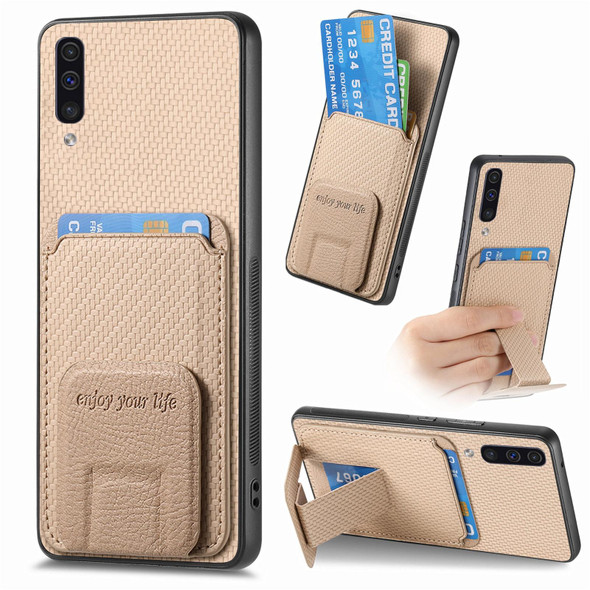 For Samsung Galaxy A50/A50s/A30s Carbon Fiber Card Bag Fold Stand Phone Case(Khaki)