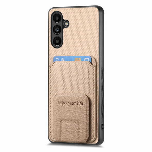 For Samsung Galaxy A22 5G Carbon Fiber Card Bag Fold Stand Phone Case(Khaki)