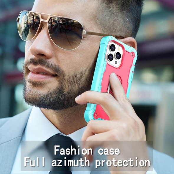 PC + Rubber 3-layers Shockproof Protective Case with Rotating Holder - iPhone 13 Pro(Mint Green + Rose Red)