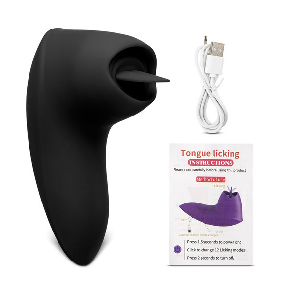 12 Speed Rechargeable Vibrator with Tongue - Black