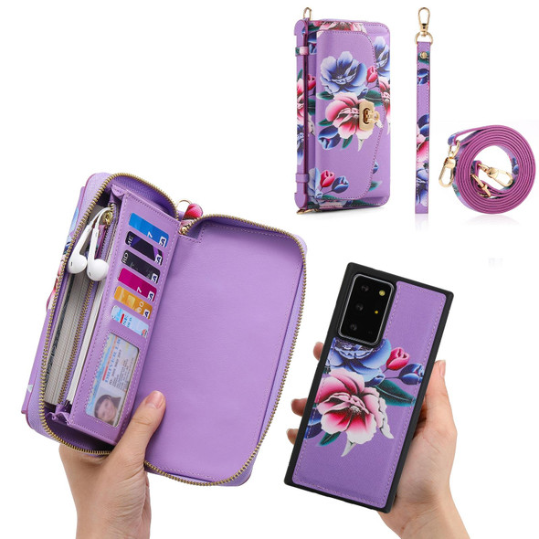 For Samsung Galaxy Note20 Flower Multi-functional Crossbody Zipper Wallet Leatherette Phone Case(Purple)