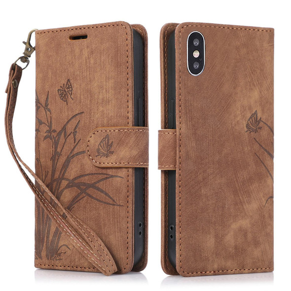 For iPhone XS Max Orchid Butterfly Embossed Leatherette Phone Case(Brown)