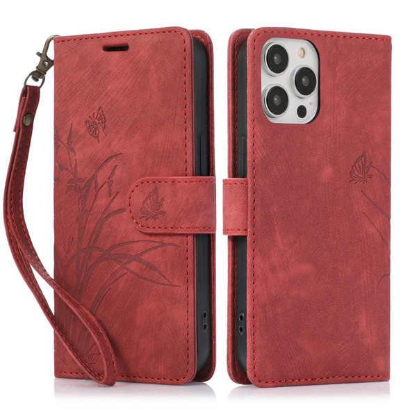 For iPhone 13 Pro Orchid Butterfly Embossed Leatherette Phone Case(Red)